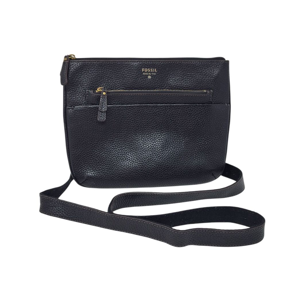 Vintage FOSSIL Black Pebble Grain Leather Zip-top Crossbody Bag